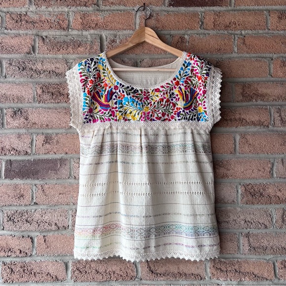 Source Unknown Tops - SUMMER TOP | Tan handmade embroidered crocheted shoe sleeve cottage core shirt